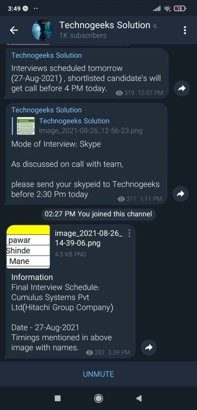 Technogeeks Telegram Messenger Channel For Placement Support